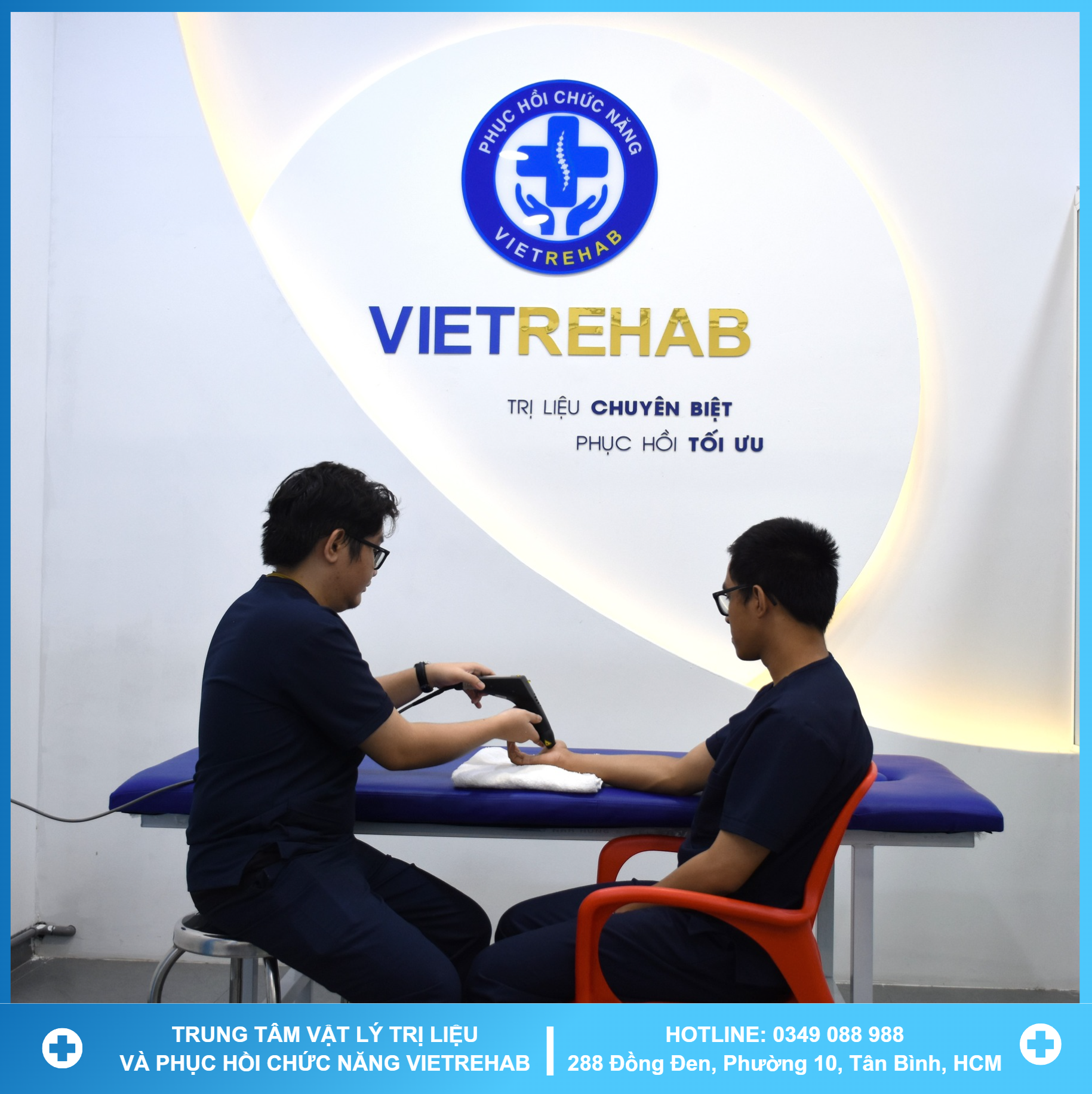 A therapist working with a patient on a rehabilitation machine with greenery in the background